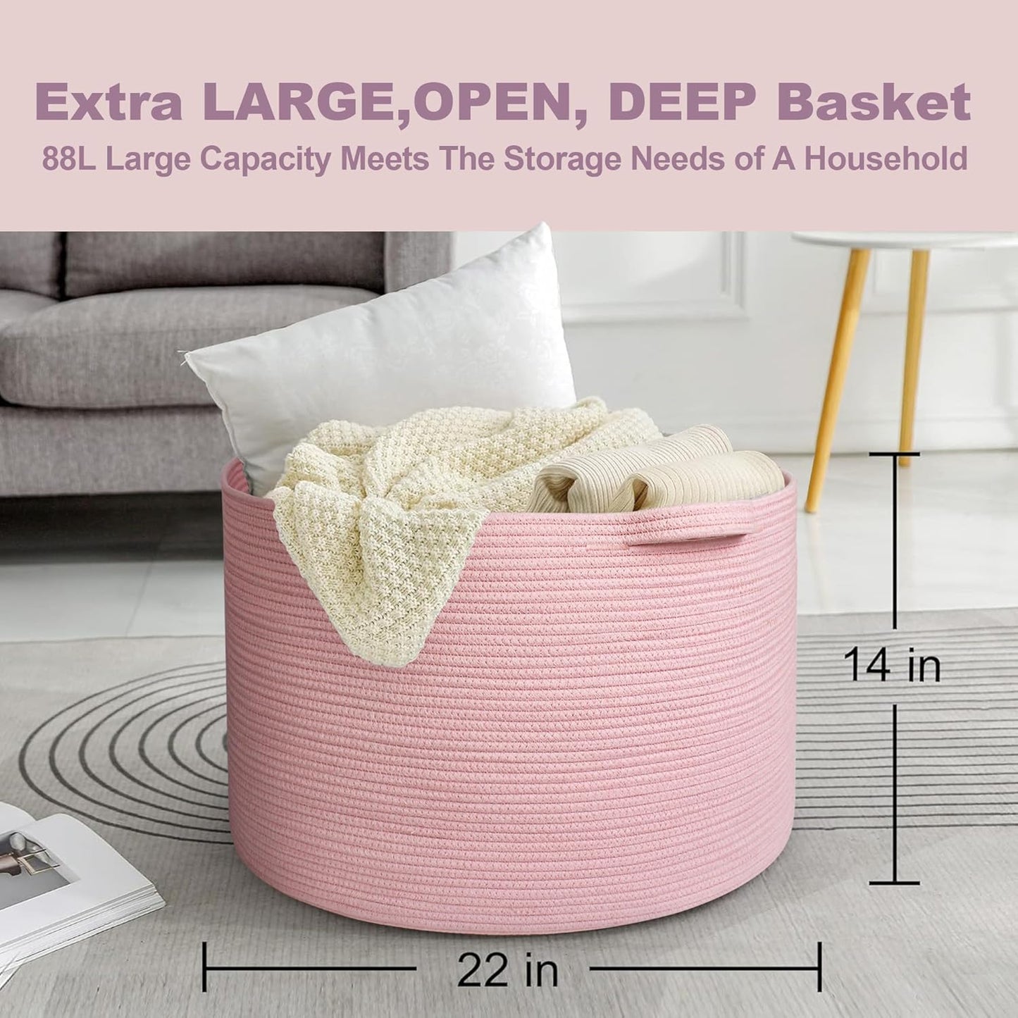 MEGASKET Extra Large Pink Basket, 22"x22"x14" Woven Cotton Rope Bin with Handles, Blanket Storage for Living Room, Baby Kids Toy Storage Bin Box, Wicker Laundry Basket, Pink Room Decor Organizing