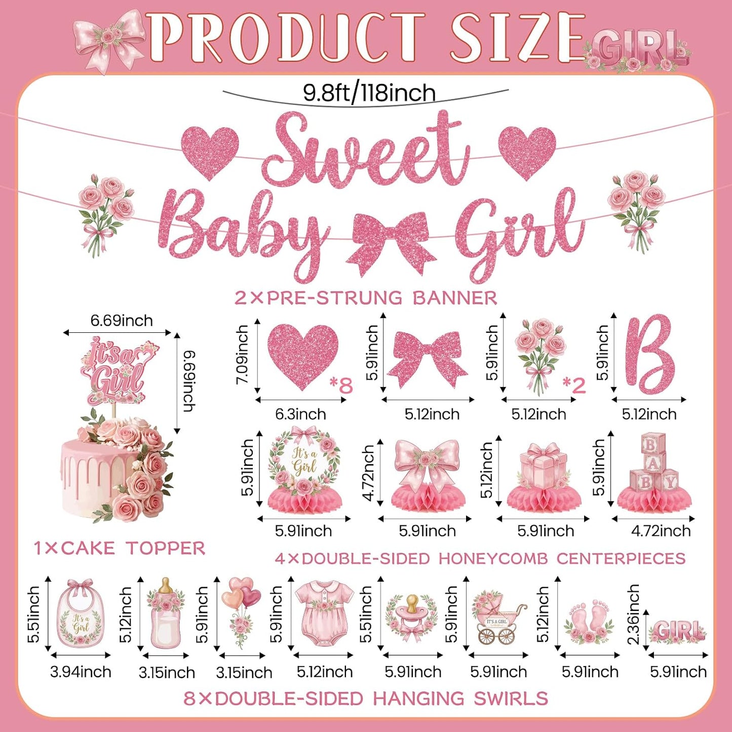 Baby Shower Decorations for Girl, 23PCS Pink Sweet Baby Shower Decorations with Pre-Strung Banner, Hanging Swirls Centerpieces Cake Topper for Gender Reveal Welcome Baby Girl Party Supplies