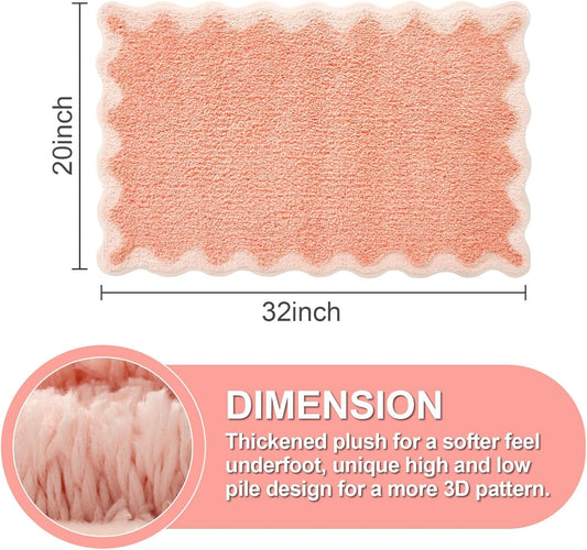 ORTIGIA Cute Coral Pink Scalloped Bath Mat, Fun Plush Microfiber Scallop Bathroom Rugs Non Slip Washable Quick Dry Absorbent, Bath Rug Carpet for Shower Stall Vanities Kitchen Floor Entrance, 20x32