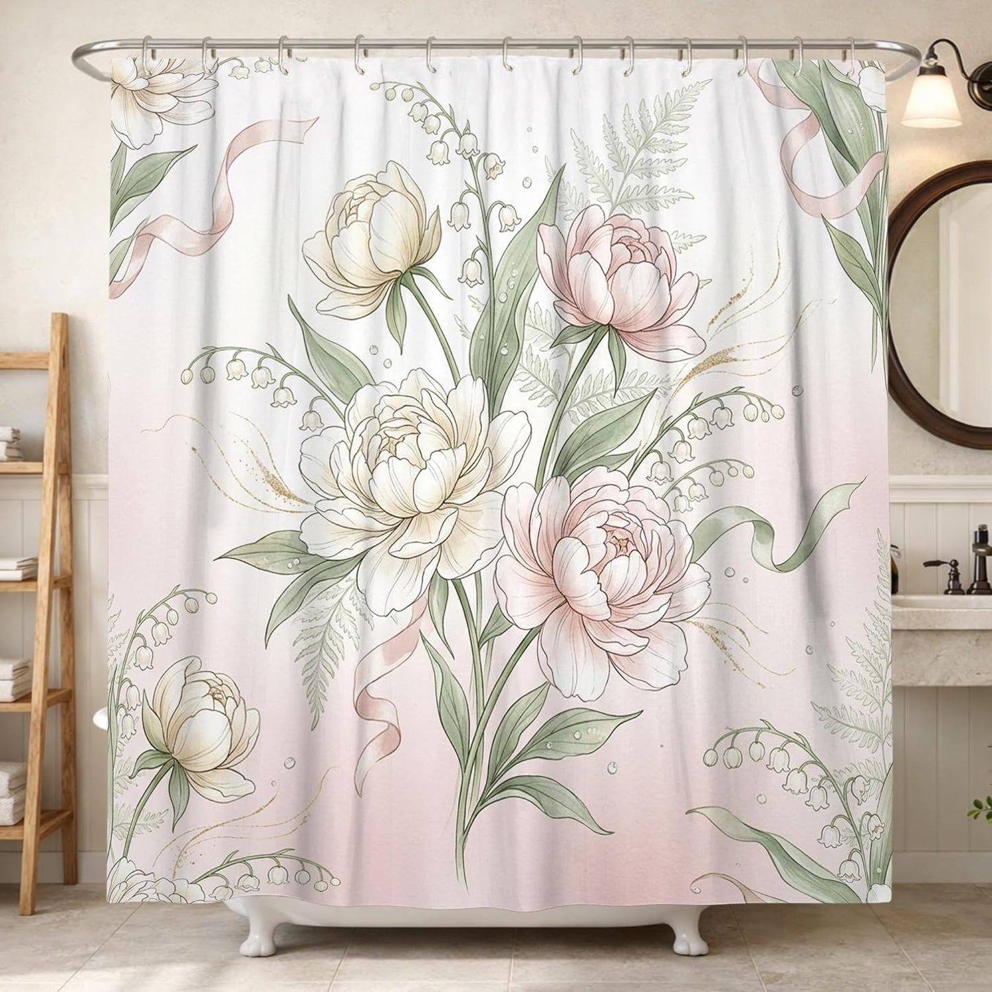 Peony Shower Curtain, Floral Romantic Lilies of the Valley Ribbon Spring Peach Waterproof Fabric Design Print Bath Curtains for Home Bathroom Toile Hotel Decor 72x78 Inch