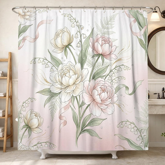 Peony Shower Curtain, Floral Romantic Lilies of the Valley Ribbon Spring Peach Waterproof Fabric Design Print Bath Curtains for Home Bathroom Toile Hotel Decor 72x78 Inch