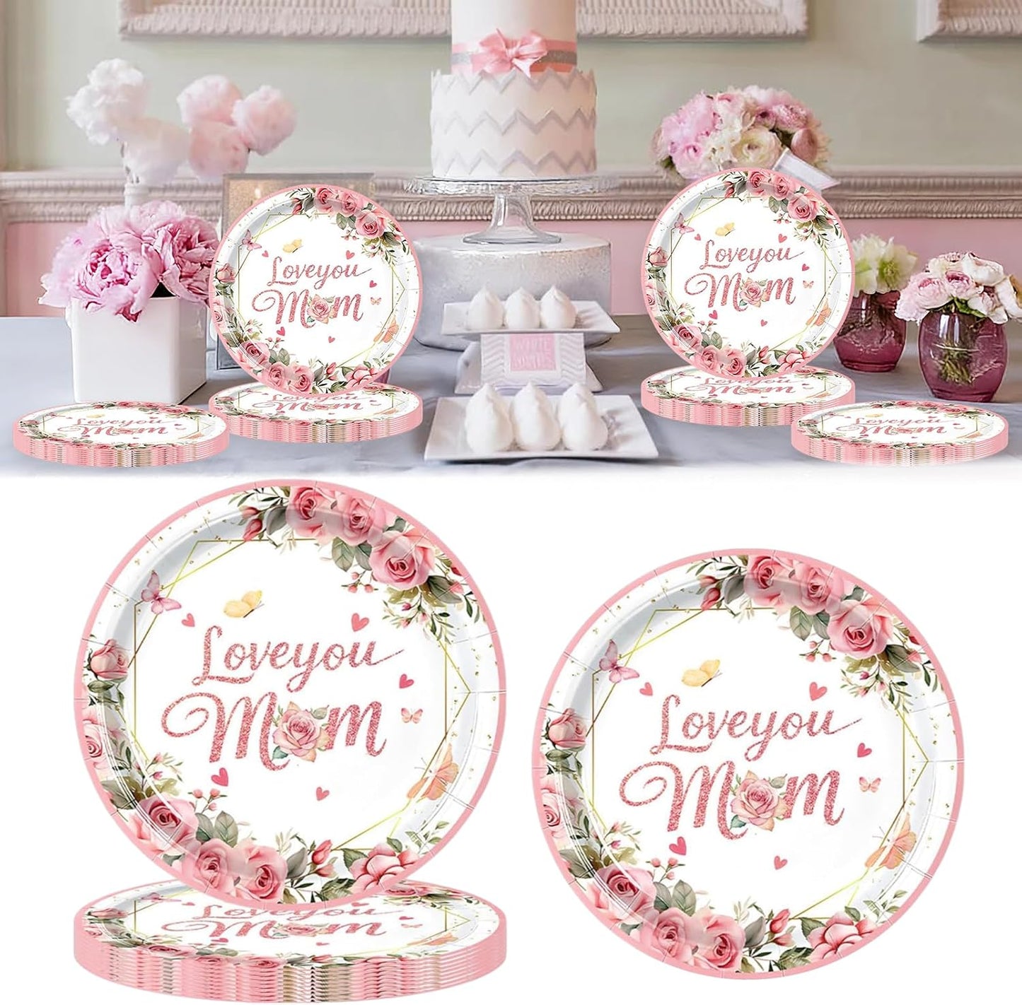 Mother's Day Disposable Paper Plates 7 Inch Floral Dessert Plates Flower Butterfly Dinnerware for Mom's Day Party Birthday Supplies (Love you mom Pink Themed Round 24 Pcs)