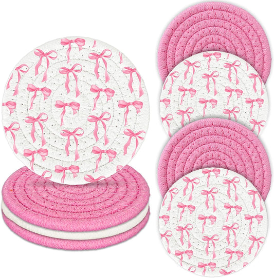 Whaline Pink Bow Coasters Handmade Braided Cotton Coasters Round Absorbent Bowknot Coquette Drink Mats for Mother's Day Valentine Birthday Wedding Baby Shower Party Home Office Table Decor, Set of 4
