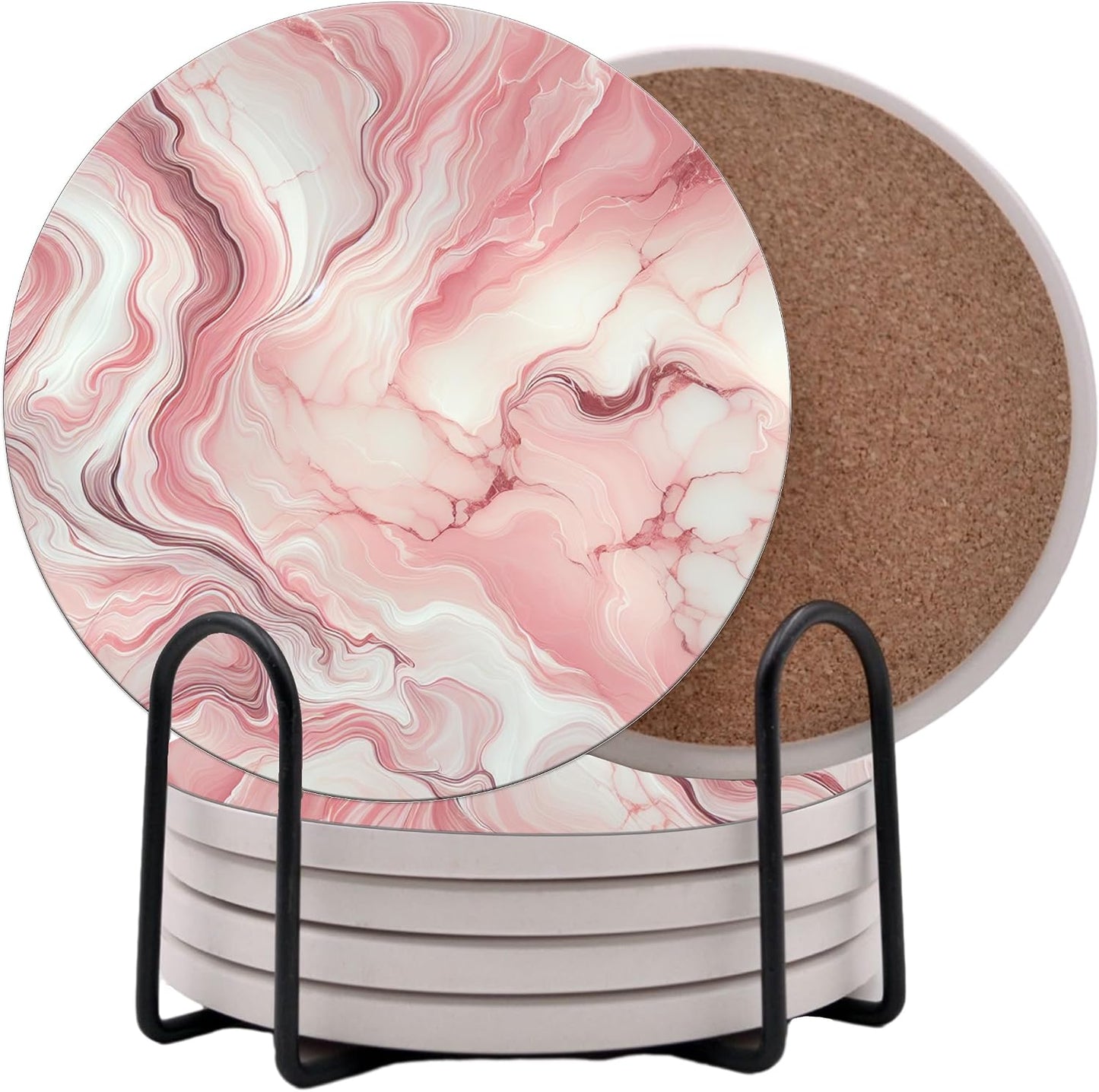 Pink Marble Round Coasters Set of 6 - Abosrbent Ceramic Coasters with Metal Stand for Drinks, Beer, Coffee, Non-Slip Cork Back for Tabletop Protection, 4 Inches (Pink 1)