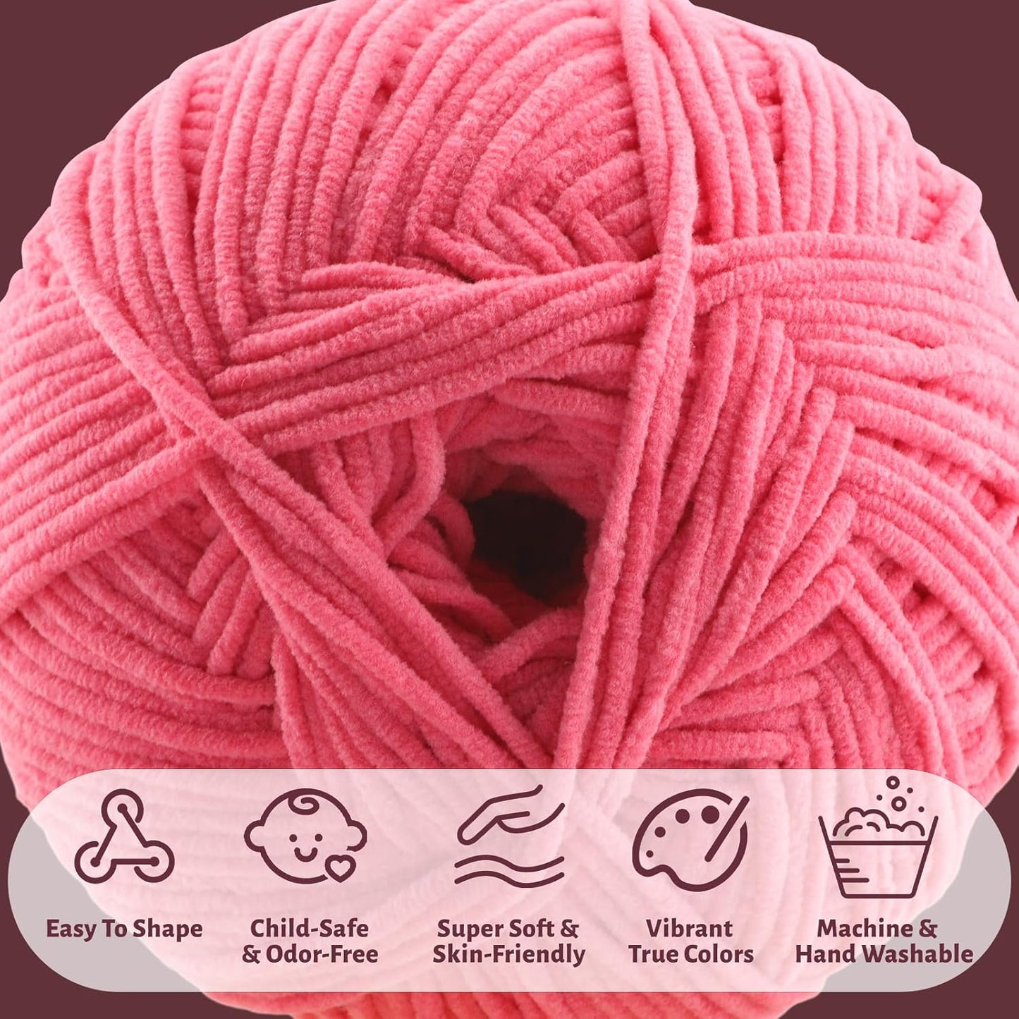 Skinny Chenille Yarn for Crocheting and Knitting - 3 Pack of 100g/317yds Ultra Soft Fluffy Plush Velvet Yarn - #2 Crochet Yarn for Amigurumi, Blankets, Plush Dolls, Baby Clothes (3, Light Pink)