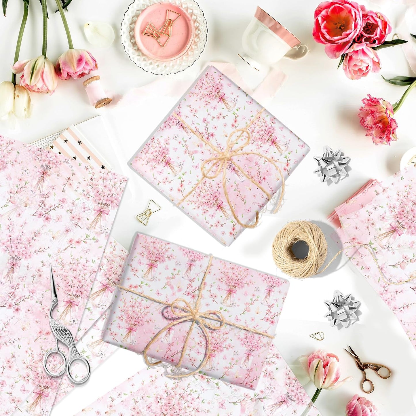 50 Sheets Pink Floral Tissue Papers, Peach Blossoms Flower Gift Wrapping Paper Art Decorative Tissue for Wedding Birthday Bridal Shower Craft Tea Party Favor Decoration, 14 x 20 Inch (A)
