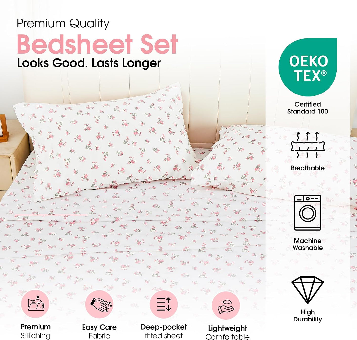 Queen Size Pink Floral Bed Sheet Set, 8-Piece 100% Microfiber Sheets, Ultra Soft Deep Pocket up to 16 Inch with 4 Corner Straps, Oeko-TEX Certified Wrinkle-Free Bedding (Pink, Queen)