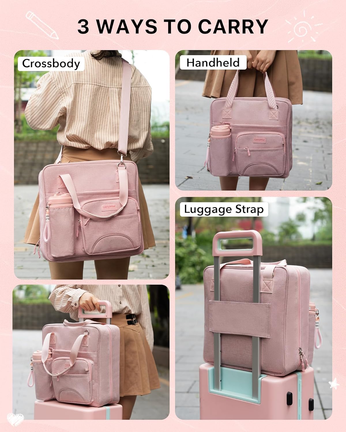 Upgraded 3 Rings Zipper Binder Organizer 3 Inch Zippered Binders with Strap Large Zip Up Portfolio Folder Bag with 9 Pockets 13“ 14” Laptop Compartment for Office Travel, Pink