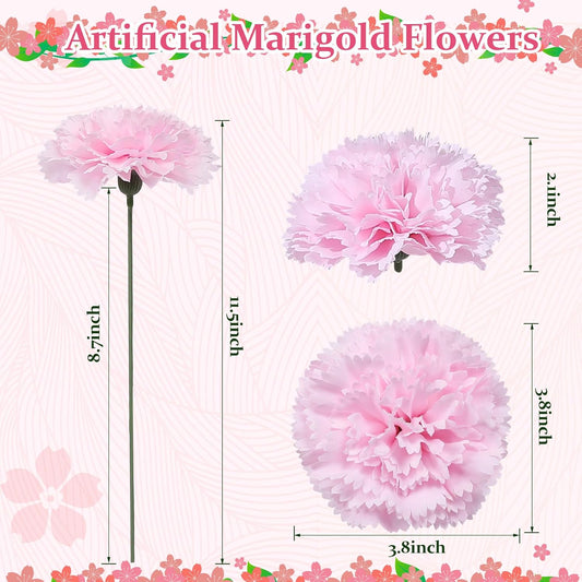 24pcs Artificial Silk Carnation Flowers Heads 24pcs with Stems, 3.8” Faux Carnations Flowers for Wedding Bouquets Party Decor DIY Crafts Centerpiece Arrangements (Pink)