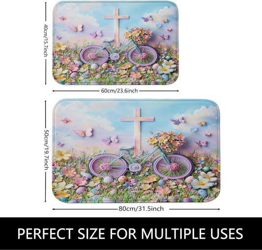 Floral Bike Quick Dry Bath Mat, Fanciful Peach Butterflies Absorbent Non Slip Shower Mat, Spring Decorative Washable Bath Rugs for Bathroom Toilet Restroom 20x32 Inch