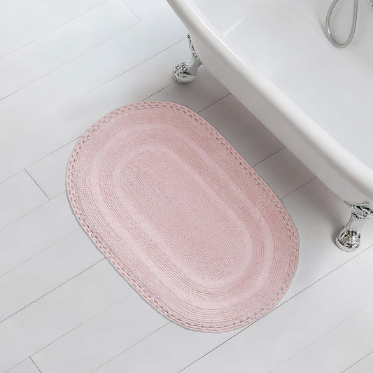 Laura Ashley Camilla 100% Cotton Oval Bath Mat with Crochet Border, Soft & Absorbent, Light Pink 21" x 34" Bathroom Rug
