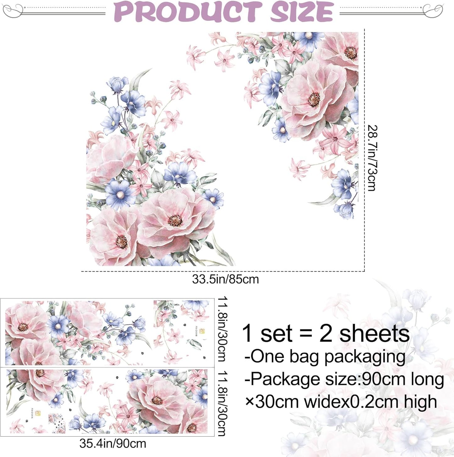 Pink Blue Flowers Wall Decals Large Removable Floral Leaves Wall Stickers Peel and Stick Delicate Blossom Art Applique for Bedroom Living Room Sofa Background Wall Decor
