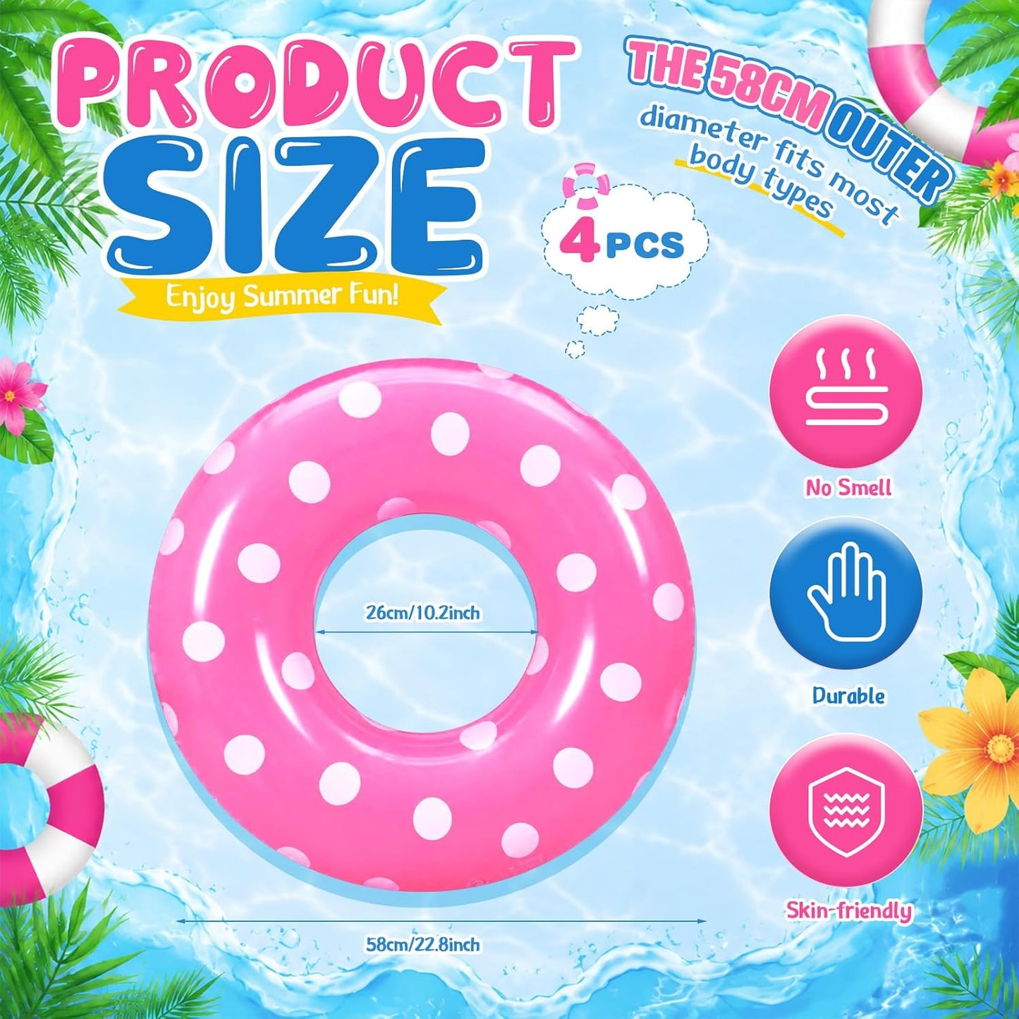 4 Pcs Adults Inflatable Swimming Ring, Polka Dots Themed Pool Floats, Inflatable Tubes for Adults, Pool Float, Beach Lake River Summer Decor Swimming Party