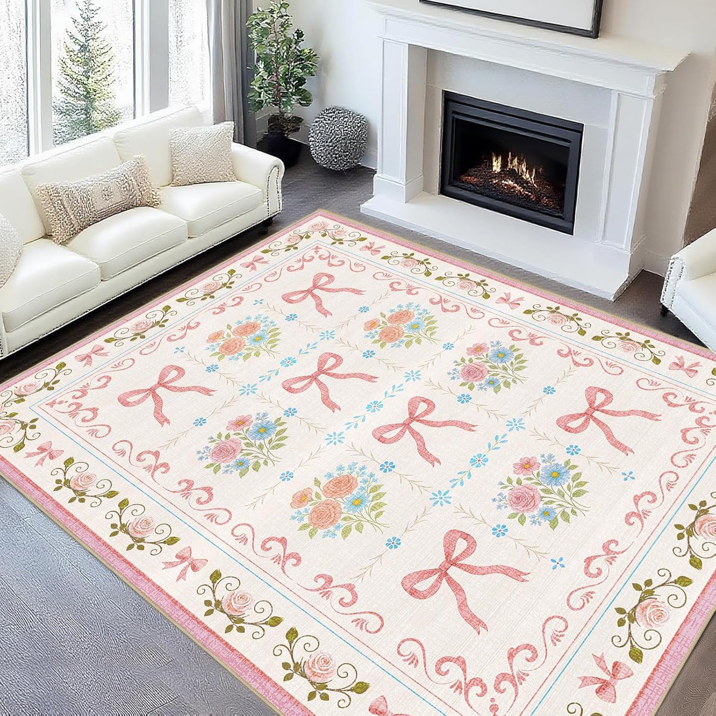 Bow 5x7 Area Rug Pink Princess Rugs Machine Washable Non-Slip Low-Pile Floor Carpet Mat for Girls Room Nursery Vanity Living Room Bedroom Dining Room Office