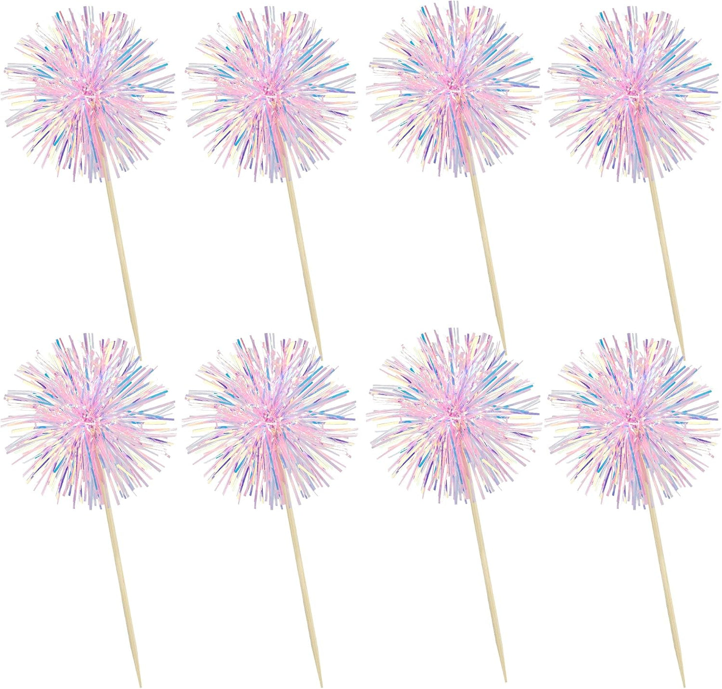 Ephlyn 30Pcs Foil Firework Cupcake Toppers Happy Birthday Cake Toppers Tinsel Flower Drink Stirrers Cocktail Food Fruit Toothpicks for Valentine's Day Party Decorations Pink