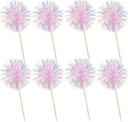 Ephlyn 30Pcs Foil Firework Cupcake Toppers Happy Birthday Cake Toppers Tinsel Flower Drink Stirrers Cocktail Food Fruit Toothpicks for Valentine's Day Party Decorations Pink