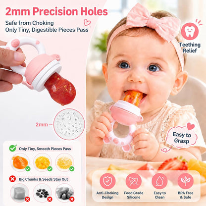 JOCHEBED Baby Fruit Food Feeder Pacifier, Silicone Teething Relief Toy, 2-Pack with 6 BPA-Free Pouches, Light Pink, 3-24 Months