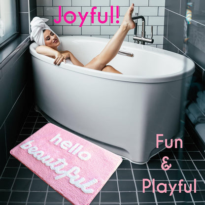 Evovee Hello Beautiful Bath Mat Light Pink Blush Peach Coral Cute Bathroom Rugs for Girls You Look Good Gorgeous Funny Shower Fun Bathroom Decor Non-Slip Washable Kids Women