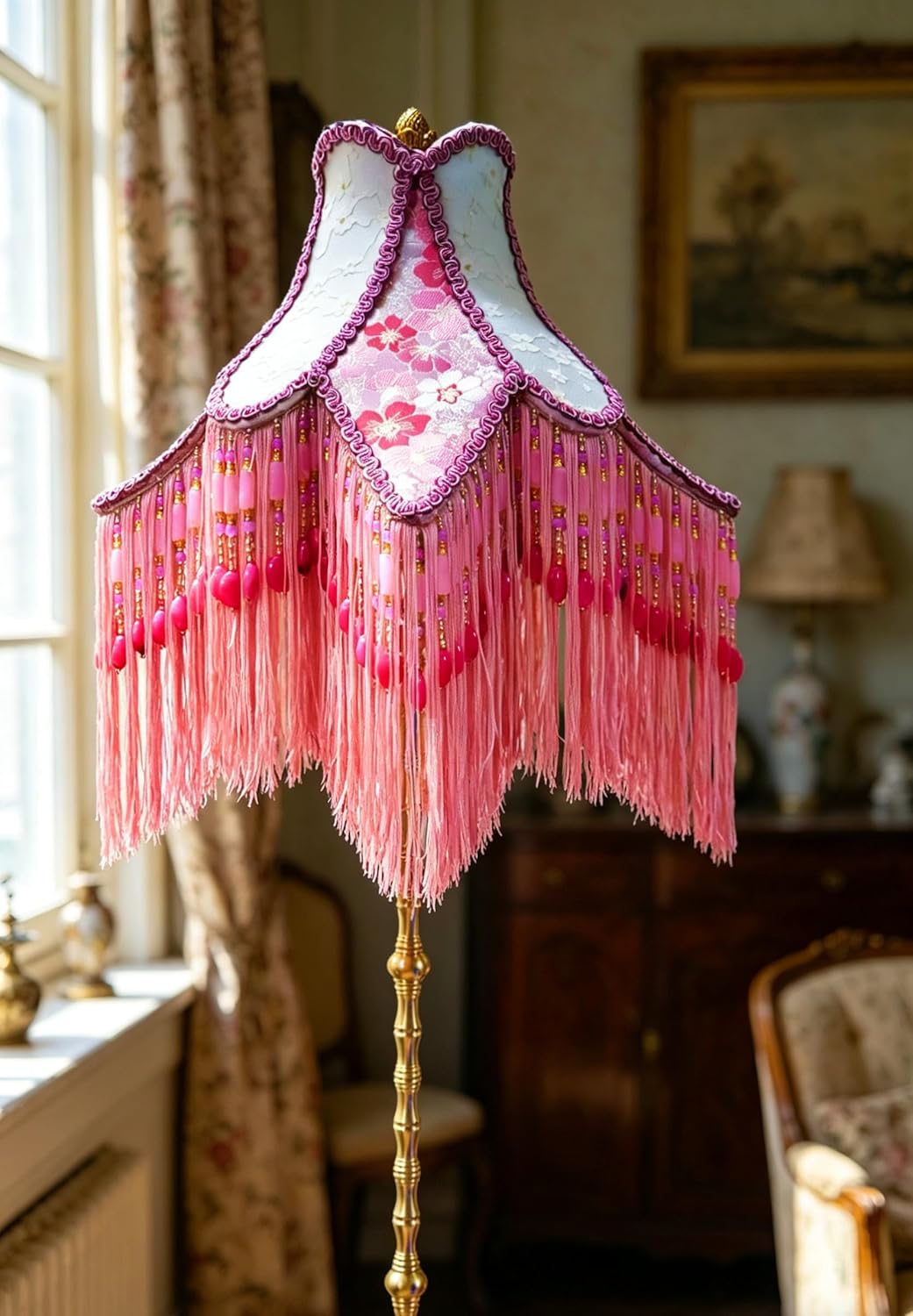 Shabby Chic Victorian Floor Lamp, Pink Cherry Floral Embroidered Lampshade with Tassel Fringe, Brass Stand, Beho Retro Style Living Room Lighting