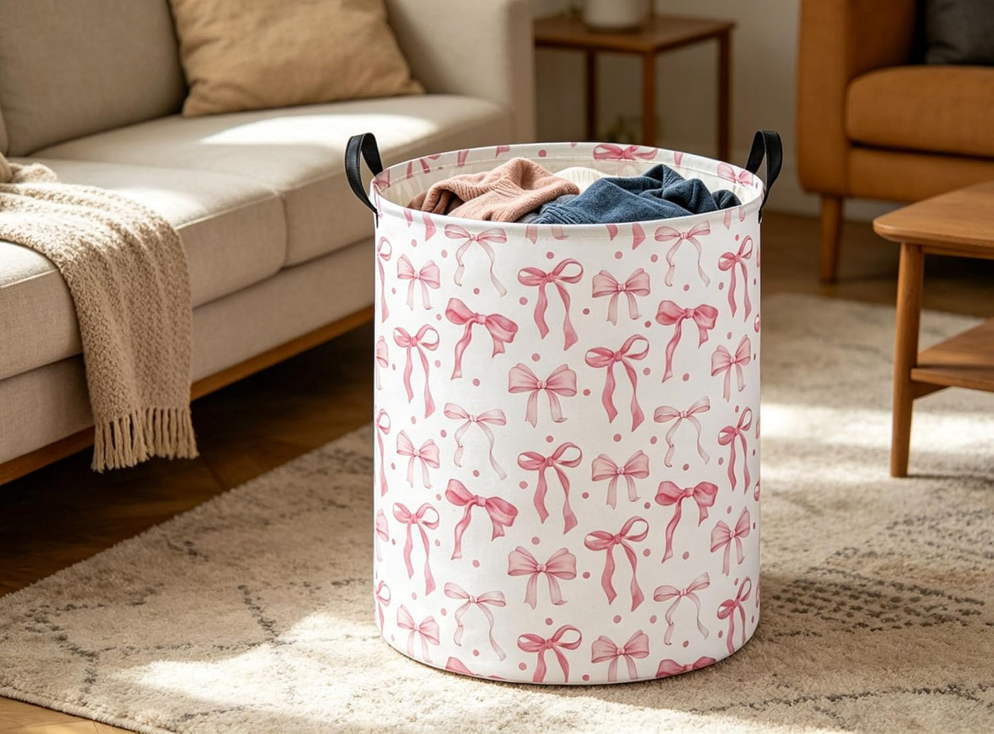 Girls Laundry Basket Pink Hamper for Nursery Bowkont Hamper Cute Storage Bin Organizer Room Decor for Home(Pink bowkont)