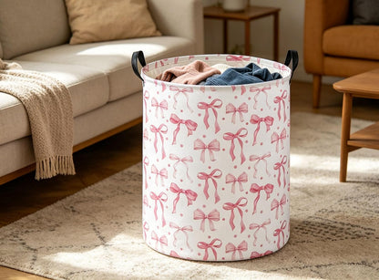 Girls Laundry Basket Pink Hamper for Nursery Bowkont Hamper Cute Storage Bin Organizer Room Decor for Home(Pink bowkont)