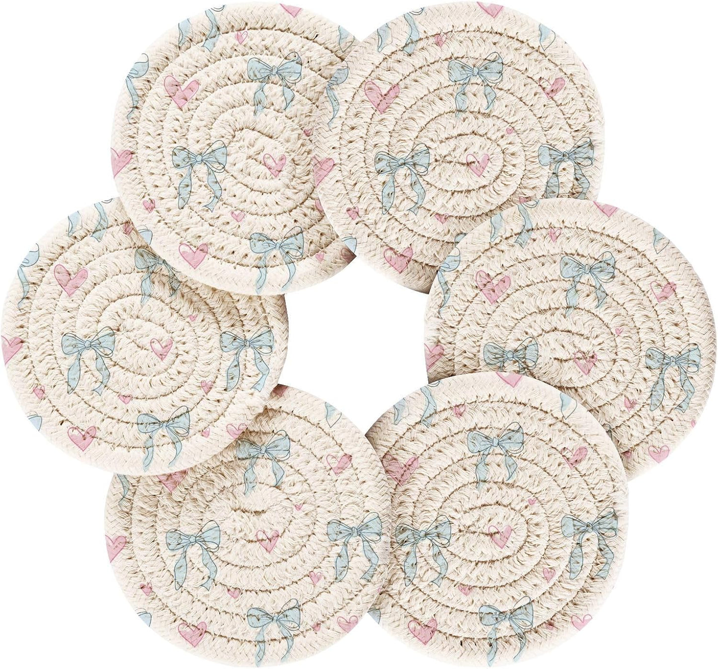 Bar Coasters for Drink with Holder Light Blue Bows Pink Hearts Coaster Set of 6 Cotton Woven Coaster for Coffee Table, Bistro Tabletop,Kitchen Home Decor