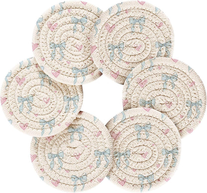 Bar Coasters for Drink with Holder Light Blue Bows Pink Hearts Coaster Set of 6 Cotton Woven Coaster for Coffee Table, Bistro Tabletop,Kitchen Home Decor