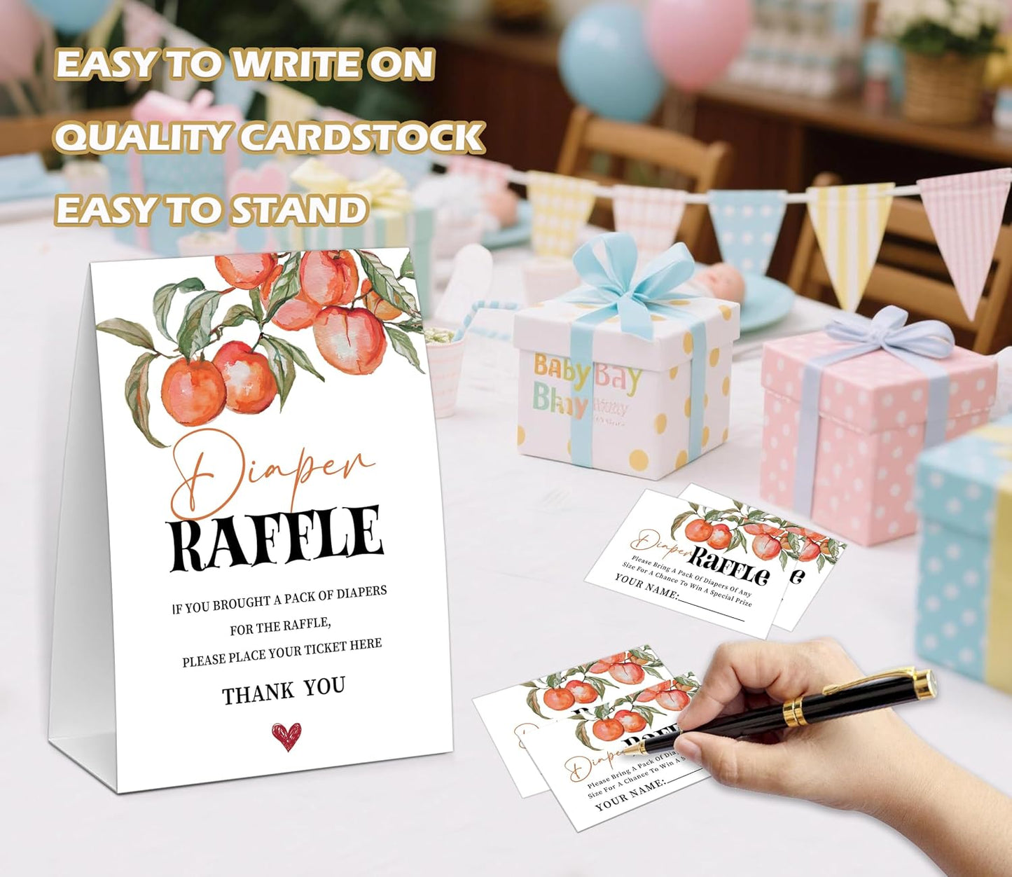 Peach Baby Shower Diaper Raffle, Baby Shower Game, Include One 5×7 Sign and 50 Diaper Raffle Tickets, Sweet Peach Gender Reveal Party Decoration Supplies - FG14