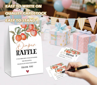 Peach Baby Shower Diaper Raffle, Baby Shower Game, Include One 5×7 Sign and 50 Diaper Raffle Tickets, Sweet Peach Gender Reveal Party Decoration Supplies - FG14
