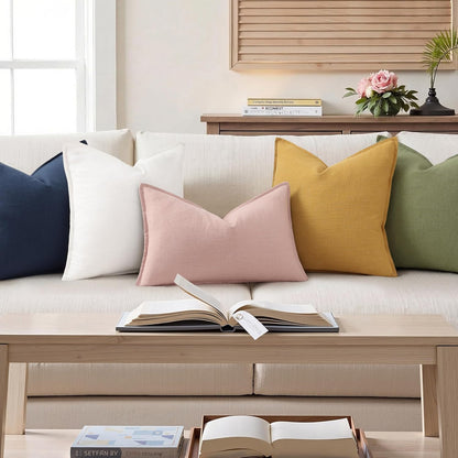 decorUhome Summer Decorative Linen Throw Pillow Covers 12x20 Inch Set of 2 Pink Lumbar Pillow Covers with Flange Edges Soft Farmhouse Boho Accent Pillow Cases for Couch Bed Living Room