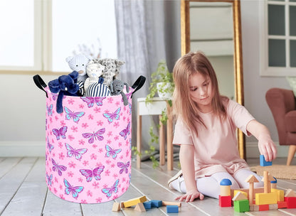 Round Butterfly Pattern Laundry Hamper Storage Basket Fabric Material Storage Hamper Organization Basket, Storage Bin, Gift Box with Handles for Room