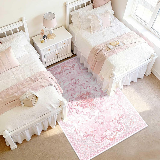 Pink Bow Rug for Bedroom Girls,5x7 Nursery Rugs for Living Room with Soft Low Pile, Cute Vintage Non Slip Washable Rug for Nursery Kids Playroom Dining Room College Dorm Girl