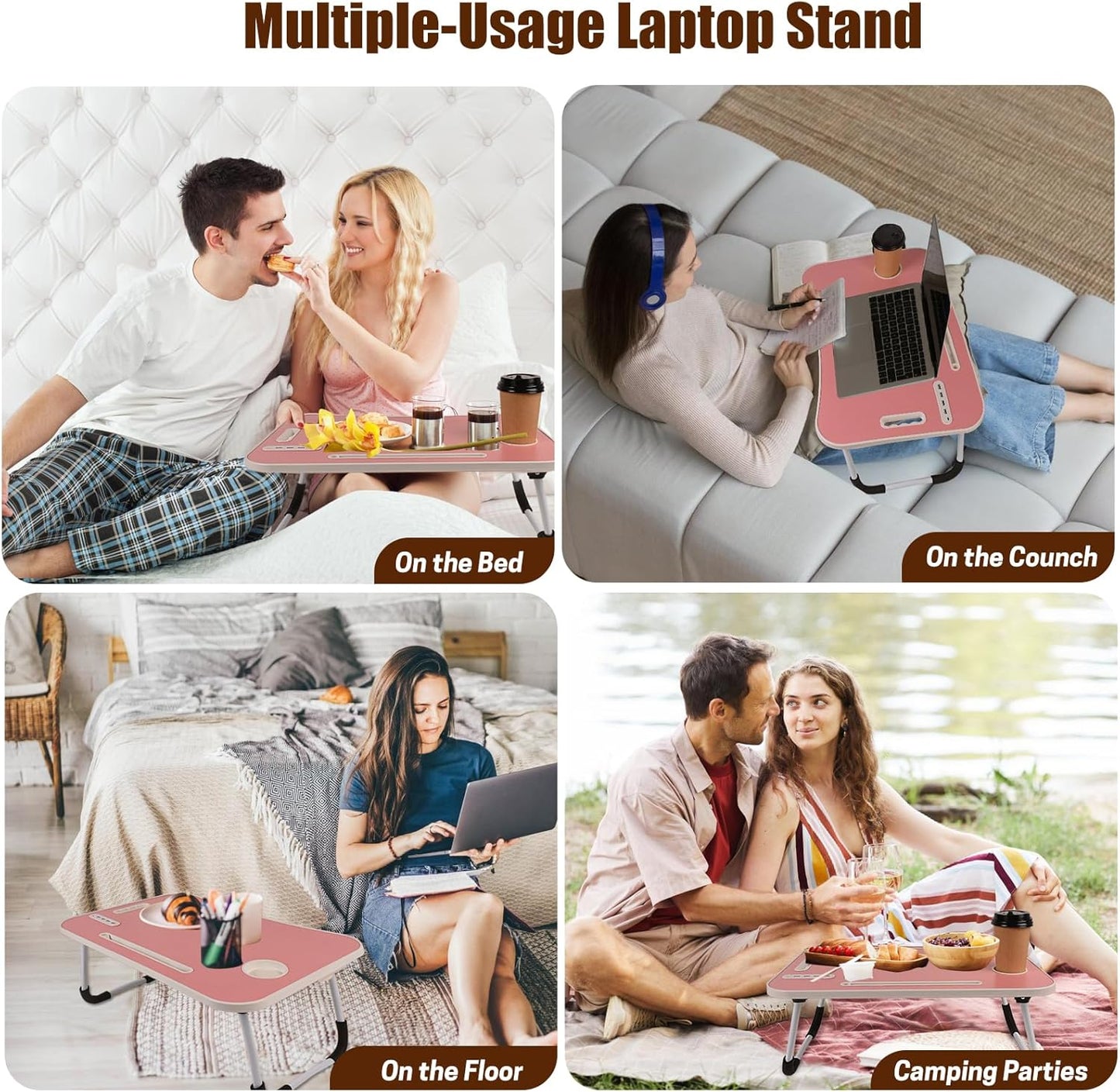 Laptop Bed Tray Table, Laptop Table Stand Desk with Carrying Handle,Storage Drawer/Cup Holder/USB Charge Port/USB Fan/USB Lamp for Studying,Working,Reading,Writing,Pink