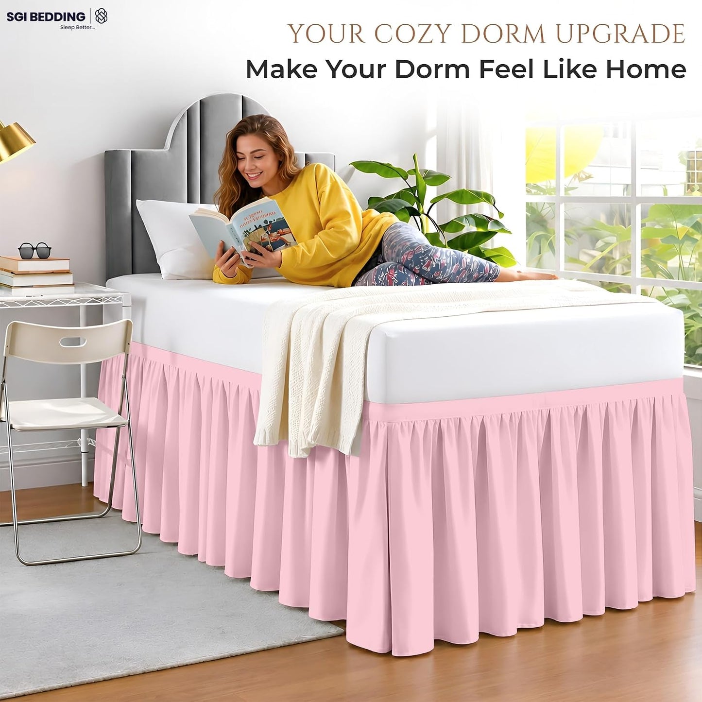 SGI bedding Dorm Bed Skirt Twin XL 42 Inch Drop Length - Pink, Ruffled Pattern College Dorm Room Bed Skirts - Split Corner, Easy Care, Wrinkle Free 1800 Series Microfiber Bed Skirt