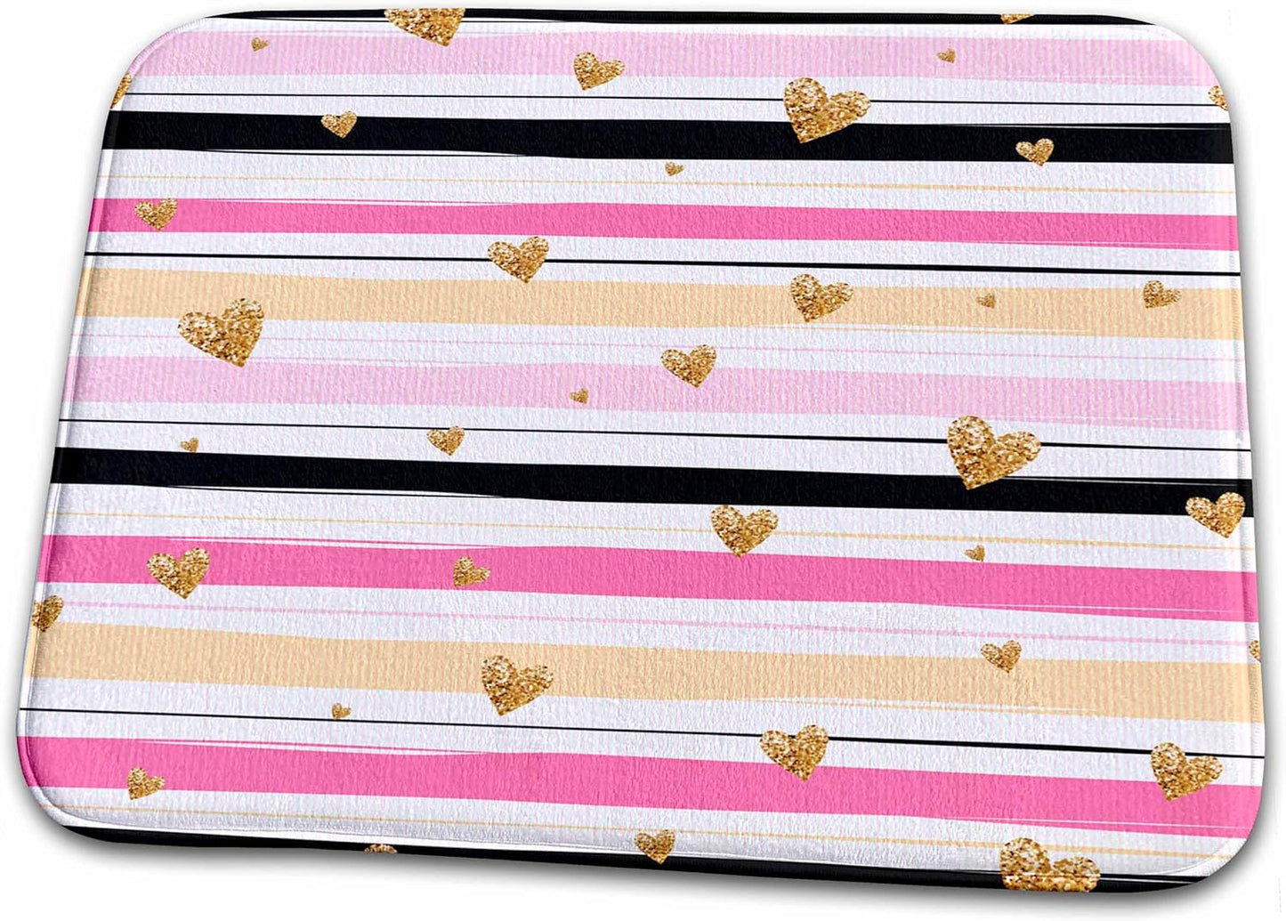 3dRose Bathroom Bath Rug Mat - Glam Image of Gold Hearts On Pink, Peach, and Black Stripes Valentines Day