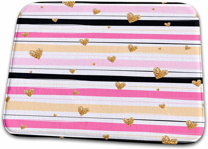 3dRose Bathroom Bath Rug Mat - Glam Image of Gold Hearts On Pink, Peach, and Black Stripes Valentines Day