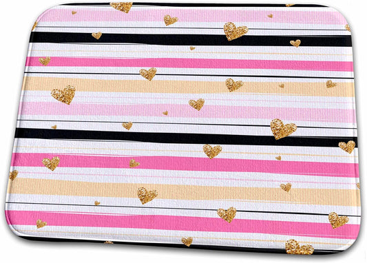 3dRose Bathroom Bath Rug Mat - Glam Image of Gold Hearts On Pink, Peach, and Black Stripes Valentines Day