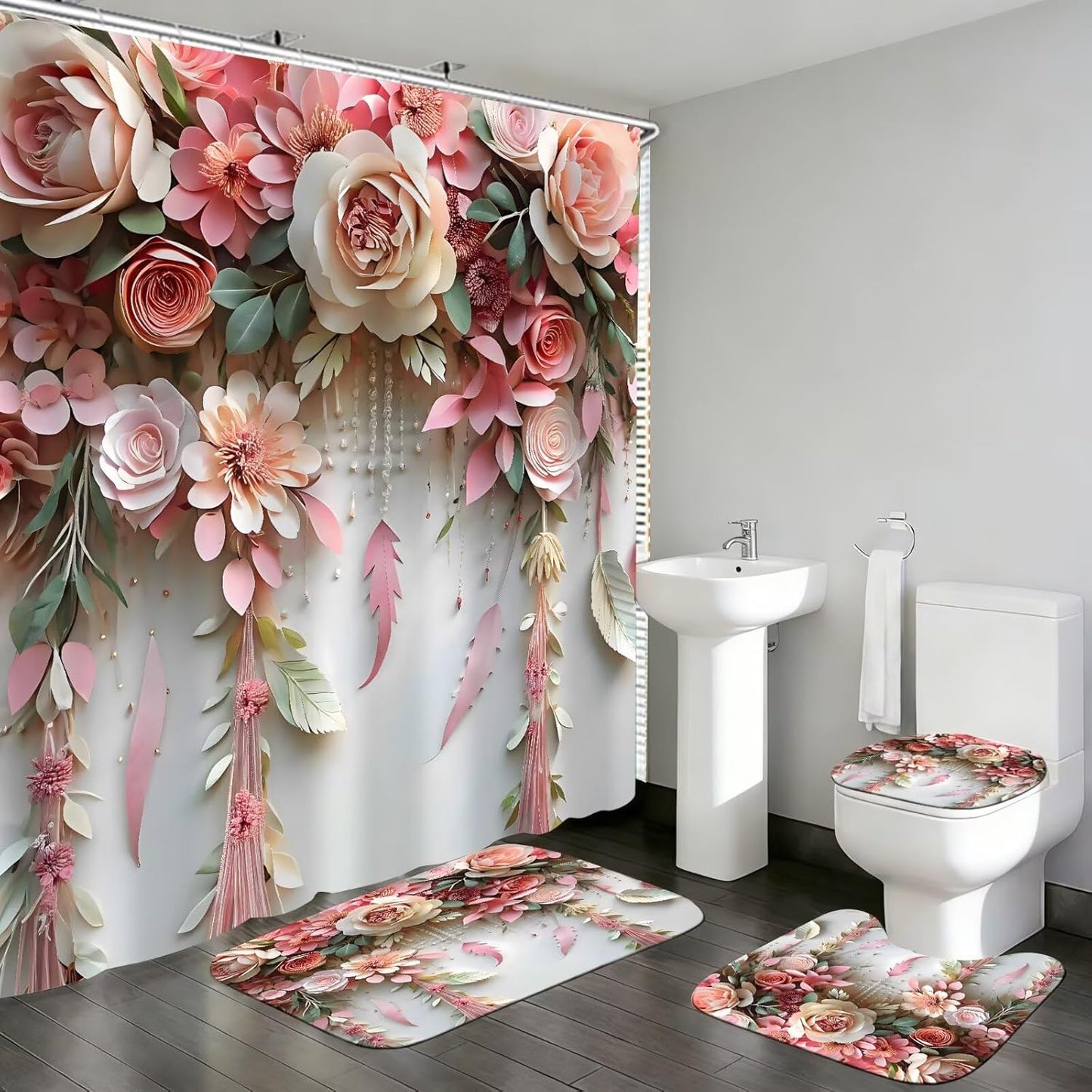 DDQQ Pink Flower Bathroom Shower Curtain Set, Romantic and Cute Rose Floral Polyester Bathroom Decor Set with Shower Curtain and Rugs and Accessories