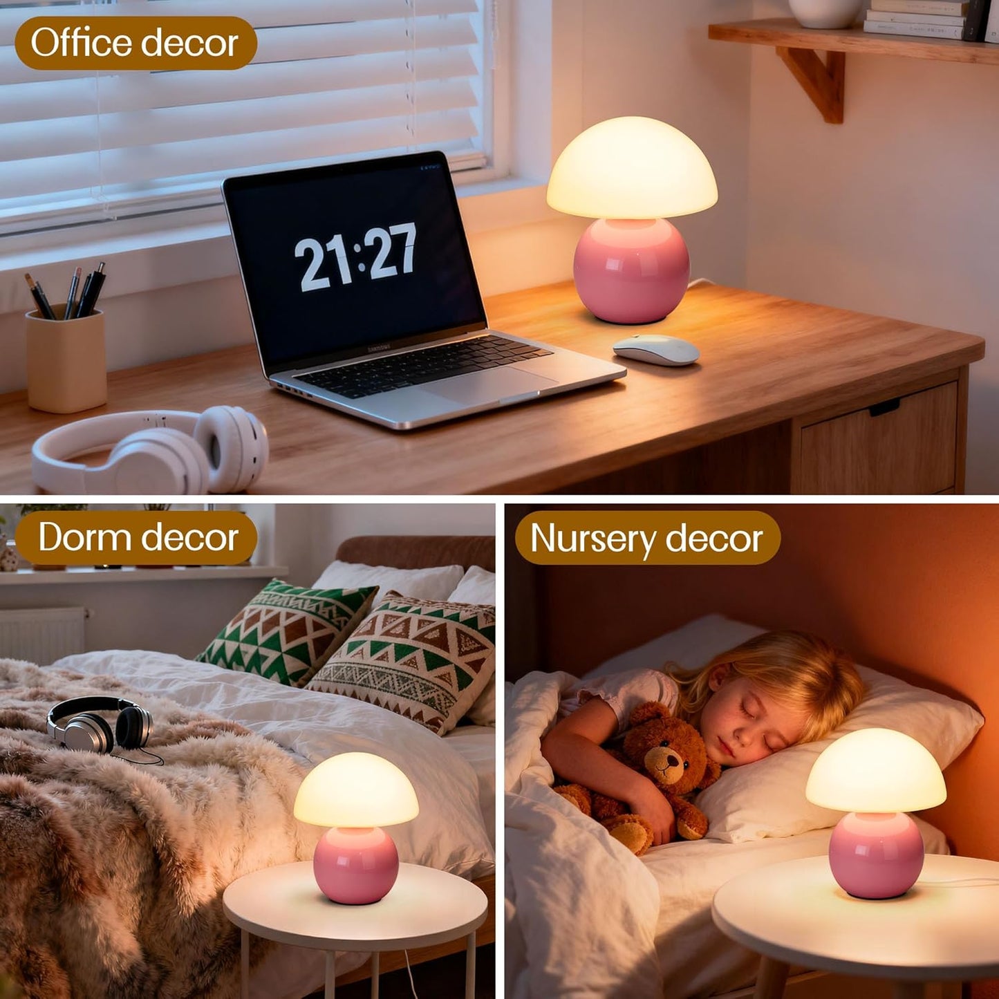 Cute Small Mushroom Lamp Decor,USB-Plug in Bedside Table Lamps with 3-Temperature LED Bulb Dimmable,Modern Aesthetic Home Decor for Livingroom/Bedroom/Dorm/Nursery (Pink with Plug)
