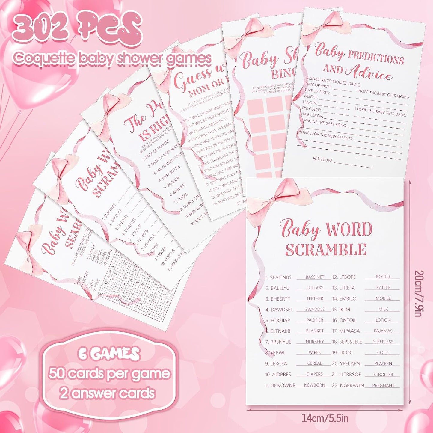 Ctosree 302 Pcs Pink Bow Baby Shower Games 6 Games, 50 Sheets Each, Easy to Play, Watercolor Ribbon Signs Minimalist Funny Girl Boy Predictions and Advice Bingo Word Scramble(Pink)
