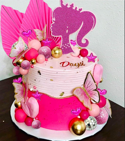 JeVenis Princess Hot Pink Girl Cake Decoration Pink Girls Birthday Decoration Balls Palm Leaves Heels Lipstick Bags Cake Topper for Birthday Bridal Shower Baby Shower