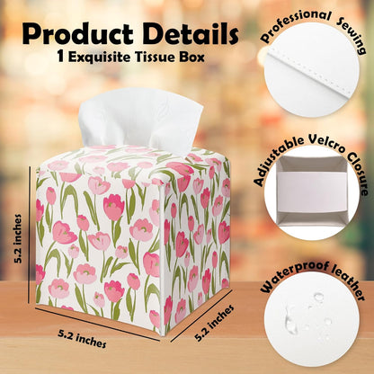 Spring Pink Floral Tissue Box Cover Square - Tulip Flowers Tissue Holder - Waterproof Facial Paper Organizer for Home Bathroom Office - Desk Tabletop Supplies Decorative Dispenser Box - A02
