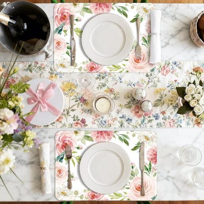 6 Pcs Pink Flower Plastic Placemats, 11x16 Inch Summer Pink White Floral Placemats Seasonal Flower Butterfly Washable Table Mats for Party Kitchen Dining Decoration