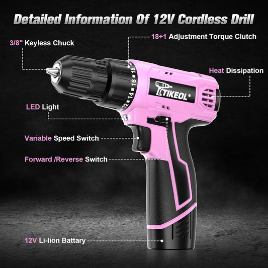 12V Cordless Drill Set with Battery & Charger, Electric Power Drill with Pure Copper Motor, 180 In-lbs Torque, 18+1 Clutch, 3/8" Keyless Chuck, LED Light, Drill Kit for Home Repair, DIY(Pink)