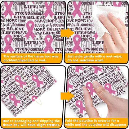 Pink Ribbon Tissue Box Cover,Breast Cancer PU Leather Tissue Box Holder Square,Modern Home Decoration for Bathroom Living Room Kitchen Office Car,5.2"×5.2"×5.2"