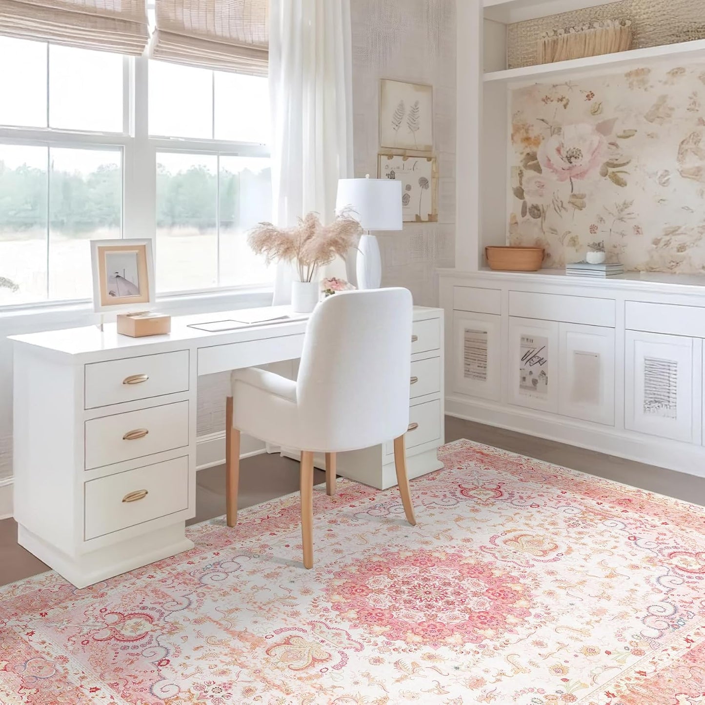 Pink Rug 3x5, Boho Washable Area Rug for Bedroom Living Room Office Kitchen, Distressed Vintage Small Rug Retro Non Slip Carpet