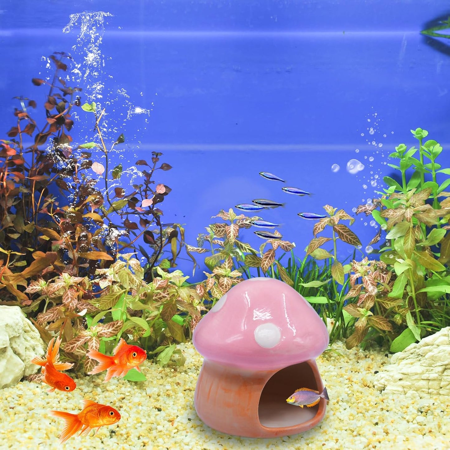 Aquarium Mushroom House Decorations, Ceramic Fish Tank Hideout Landscaping, Small Fish Hideaway Spawning Cave Decor for Shrimp Goldfish (Pink)