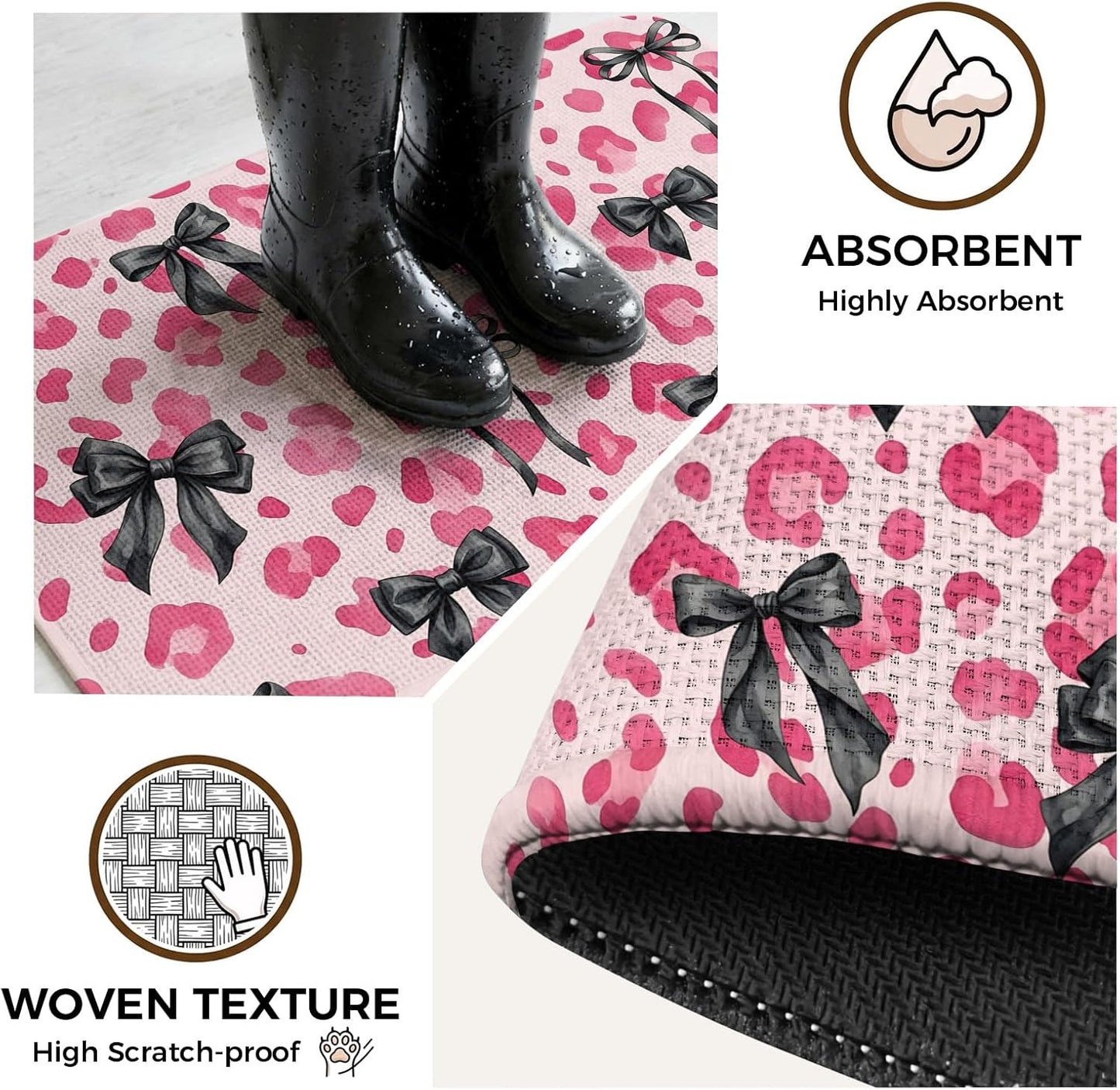 Bathroom Rugs 31.5x47.2 Inch, Black Bow Pink Leopard Non Slip Rugs Washable Low Pile, Minimalist Boho Chic Modern Front Door Mat Entryway Rug with Rubber Backing