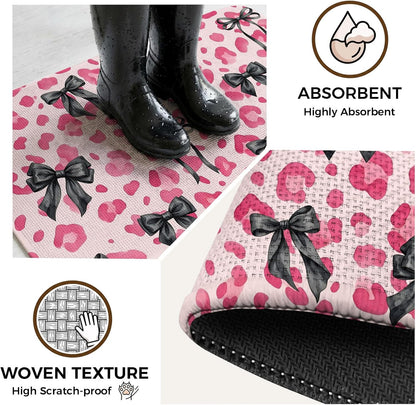 Bathroom Rugs 31.5x47.2 Inch, Black Bow Pink Leopard Non Slip Rugs Washable Low Pile, Minimalist Boho Chic Modern Front Door Mat Entryway Rug with Rubber Backing