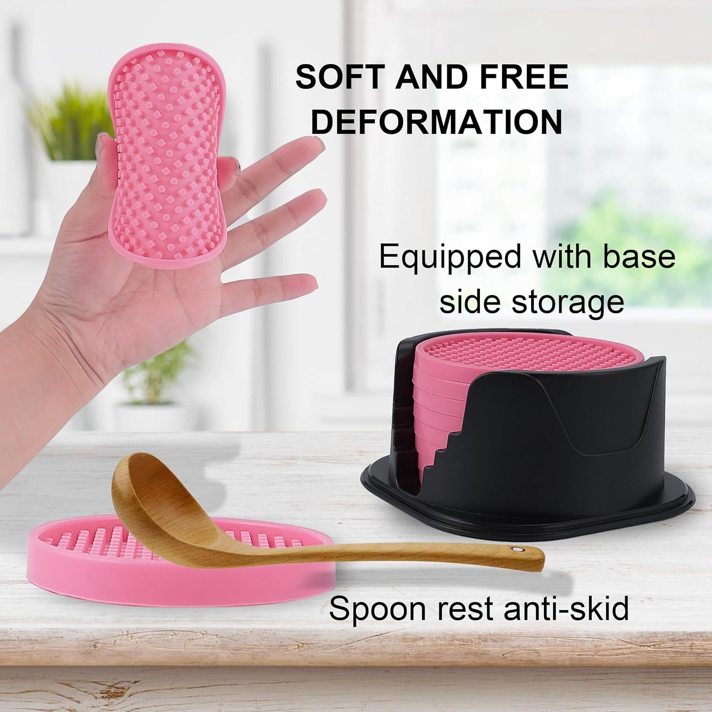 Amooca Silicone Coasters 8 Pack with Holder Anti-Slip Non-Stick Drink Coaster Deep Tray Cup Mat for Hot or Cold Drinking Peach Pink Dots